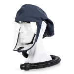 Sundström® SR 520 M/L navy blue short fabric hood with a clear face shield, shown on a mannequin head with a black corrugated breathing hose attached at the rear.