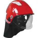 Pacific F10 MkV Structural Firefighting Helmet, featuring a durable heat-resistant shell, adjustable suspension system, integrated face shield, and reflective safety markings for firefighter protection.