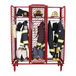Ready Rack™ Freestanding Red Rack fully stocked with fire gear such as turnout gear, boots, helmets, and SCBA units, designed for organized, accessible storage in fire stations.