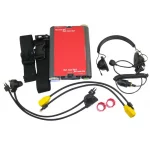 Laid out Interspiro™ Ibsophone MTIII Voice Com kit showing the communication device, cables, connectors, and accessories for underwater use.