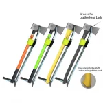 Leatherhead Tools® Ultra-Force Irons in HiViz Lime, HiViz Orange, Yellow, and Black variants displayed side by side, with a closeup of the bottom of the handle highlighting the angled ergonomic design for enhanced grip and control.