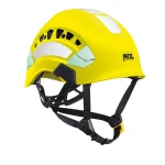 Petzl® VERTEX® VENT HI-VIZ Helmet in high-visibility yellow, featuring multiple ventilation openings, adjustable suspension system, and ergonomic design for enhanced comfort and protection in industrial and rescue work.