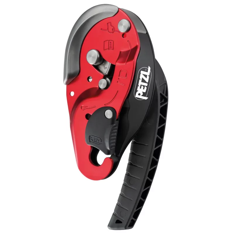Petzl® I’D® L Descender in red, shown front view with rope threaded, designed for controlled descent and rescue operations.