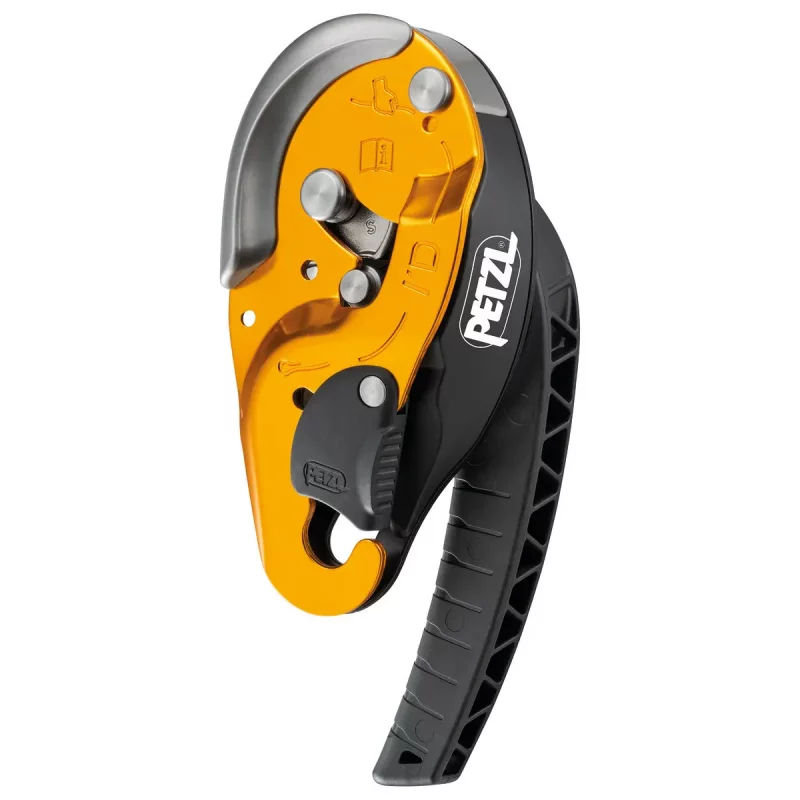 Petzl® I’D® S Descender in yellow, shown front view with rope threaded, designed for controlled descent and rescue operations.