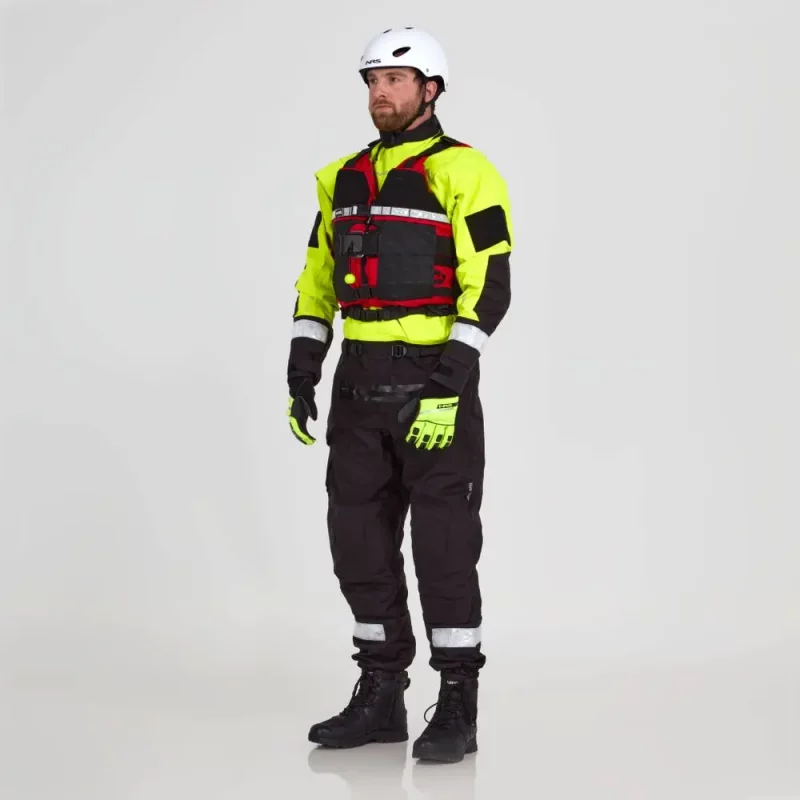 Front side view of a man wearing the NRS Extreme SAR Dry Suit in safety yellow with a red equipment bag on the chest, showing ergonomic fit and durable design.