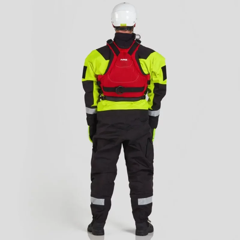 Back view of a man wearing the NRS Ascent SAR Dry Suit in safety yellow with a red equipment bag on the chest, showing reinforced back panels and safety features.