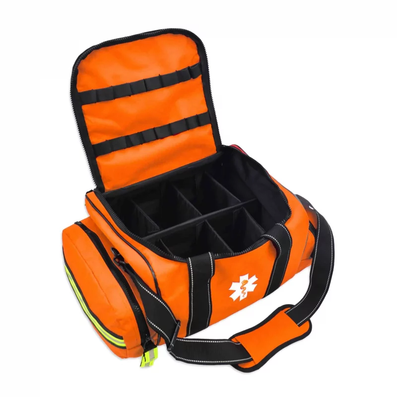 Front view of Lightning X LXMB30 orange variant large EMT first responder bag with top open, revealing spacious, organized interior compartments.