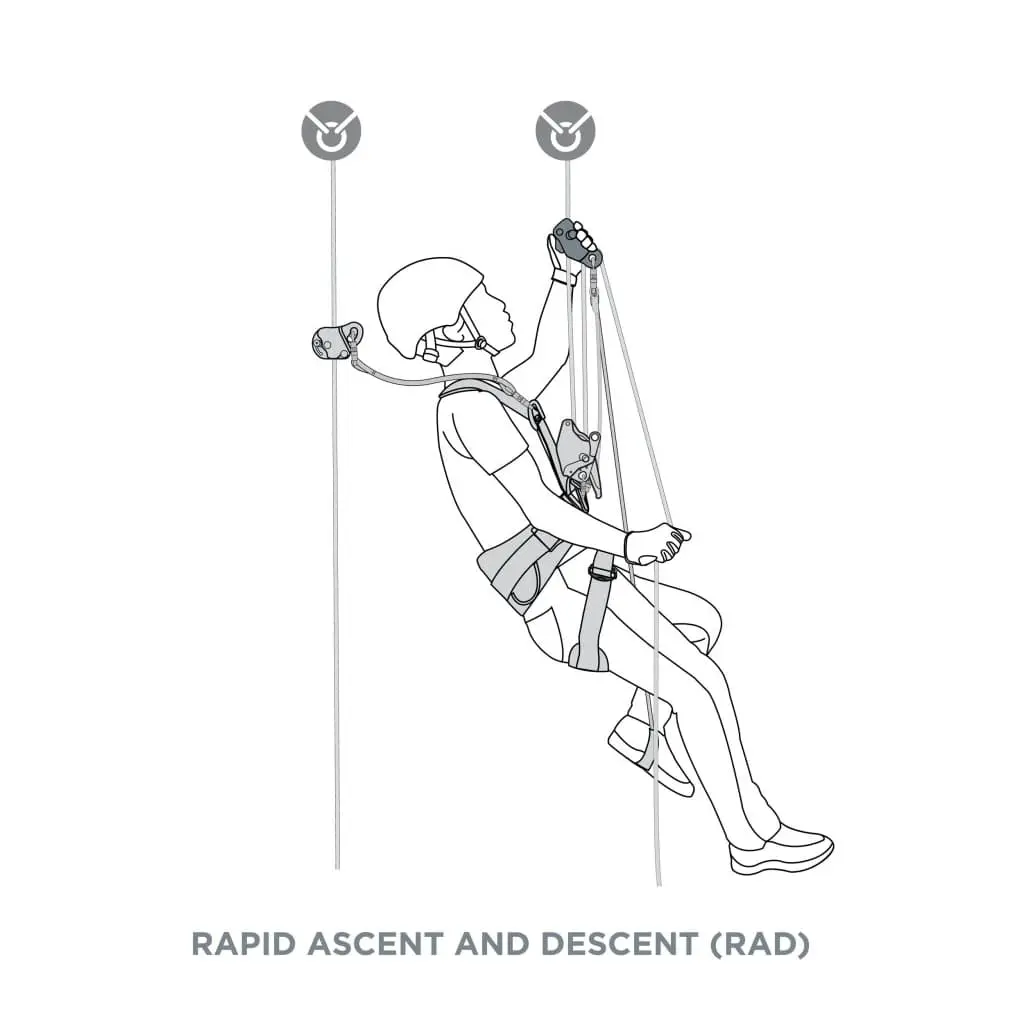 Diagram depicting a person performing rapid ascent and descent (RAD) on a vertical rope using the silver CMC™ CAPTO™ Multifunctional Rope Grab, showing the device securely engaged on the rope, connected to the harness with a carabiner, and arrows indicating quick upward and downward movement for efficient rope access and rescue operations.