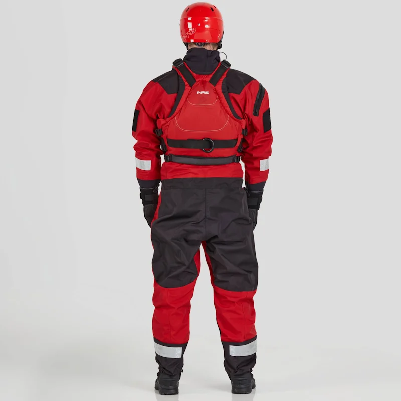 Back view of a man wearing the NRS Ascent SAR Dry Suit in red with a red equipment bag on the chest, showing reinforced back panels and safety features.