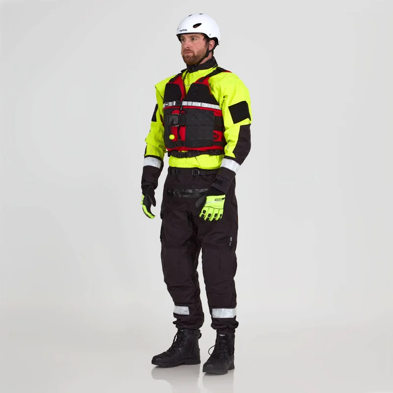 Front side view of a man wearing the NRS Extreme SAR Dry Suit in safety yellow with an equipment bag on the chest, showing ergonomic fit and durable design.