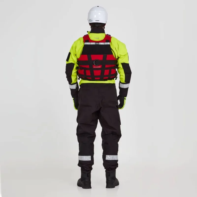 Back view of a man wearing the NRS Extreme SAR Dry Suit in safety yellow with a red equipment bag on the chest, highlighting reinforced panels and reflective elements.