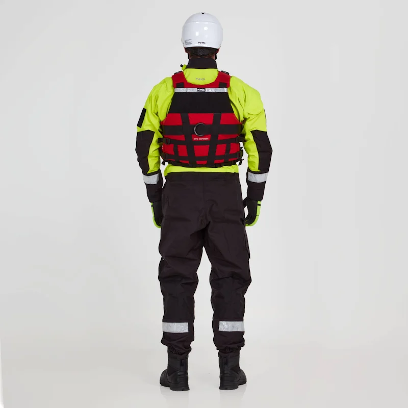 Back view of a man wearing the NRS Extreme SAR Dry Suit in safety yellow with an equipment bag on the chest, highlighting reinforced panels and reflective elements.