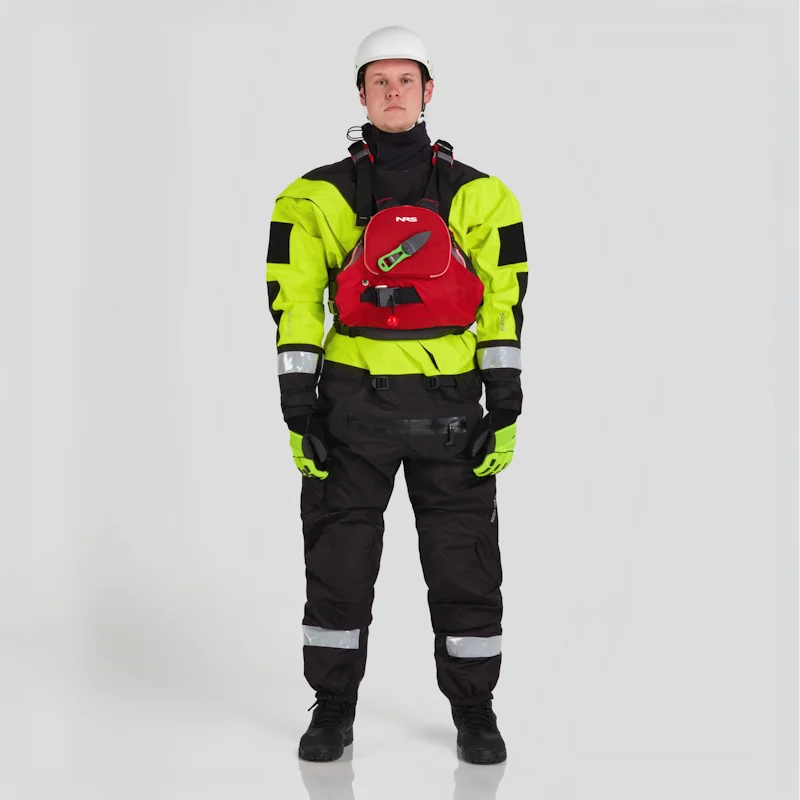 Front view of a man wearing the NRS Ascent SAR Dry Suit in safety yellow with an equipment bag secured on the chest, highlighting the suit’s waterproof fabric and rescue gear setup.