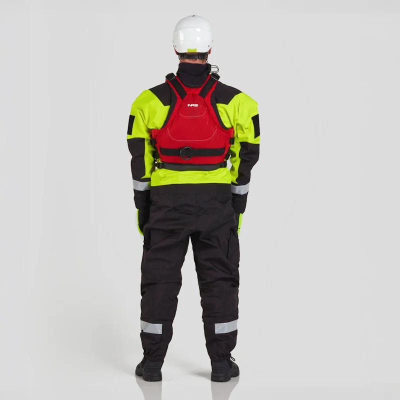 Back view of a man wearing the NRS Ascent SAR Dry Suit in safety yellow with an equipment bag on the chest, showing reinforced back panels and safety features.