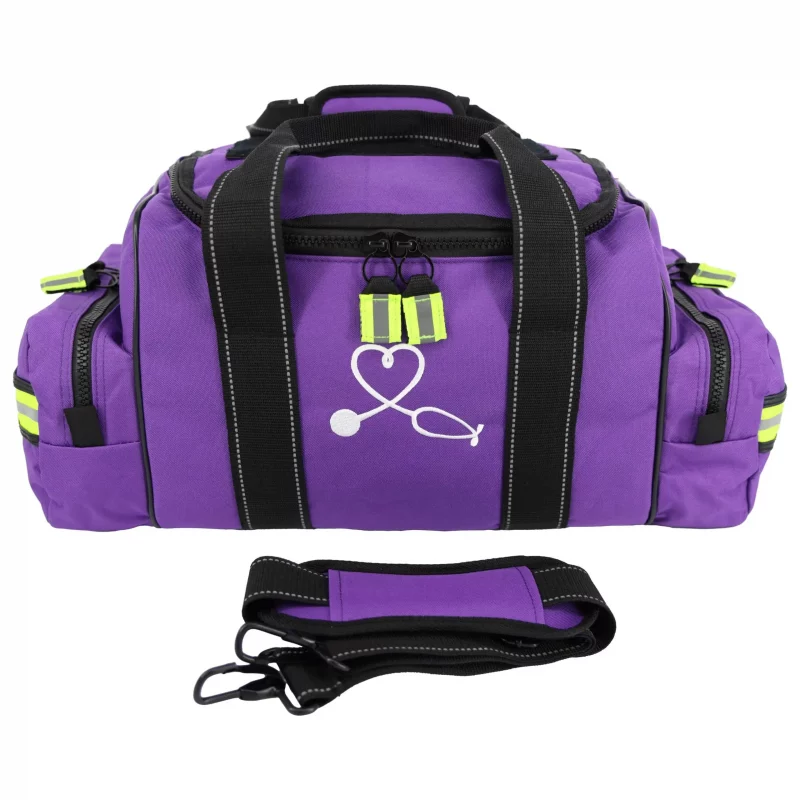 Front view of Lightning X LXMB30 purple variant large EMT first responder bag with carrying straps detached and placed in front, highlighting modular design and portability.