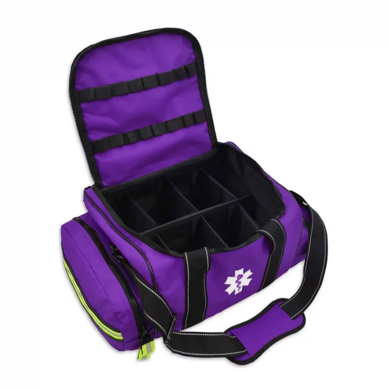 Front view of Lightning X LXMB30 purple variant large EMT first responder bag with top open, revealing spacious, organized interior compartments.