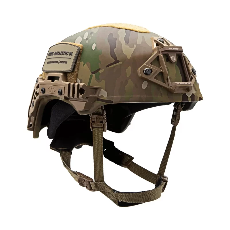 Front right side view of Team Wendy® EXFIL® Ballistic SL Helmet in MultiCam showing sleek design, ballistic shell, and accessory mounting points.