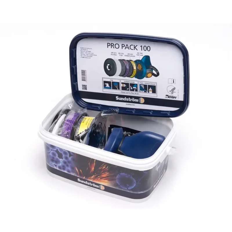 Sundström® SR 100 M/L ProPack Respirator Kit with lid opened — complete respiratory protection kit displaying the medium/large SR 100 half mask, chemical cartridges, particulate filters, and accessories neatly organized inside.