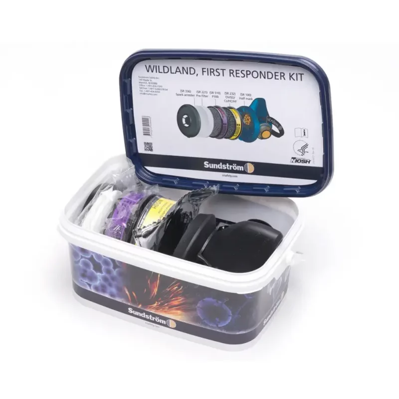 Sundström® Wildland First Responder Kit L/XL with lid opened — comprehensive respiratory protection kit for wildland firefighting, shown open to display the organized contents and components inside.