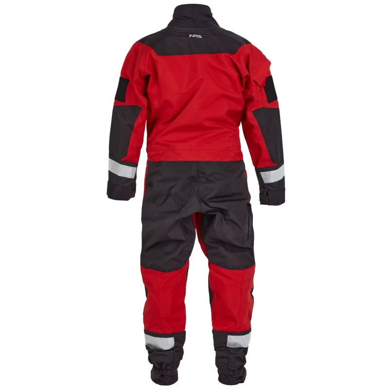 Back view of the NRS Ascent SAR Dry Suit in red, highlighting reinforced knee panels, sealed seams, and reflective safety accents.