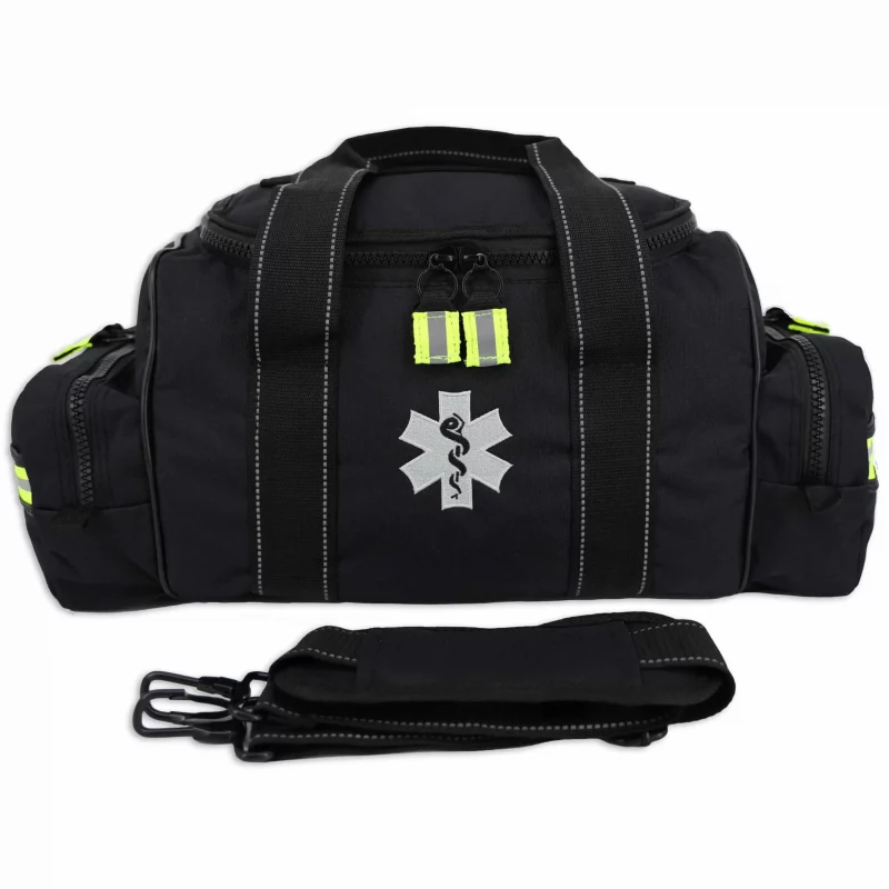 Front view of Lightning X LXMB30 black variant large EMT first responder bag with carrying straps detached and placed in front, highlighting modular design and portability.