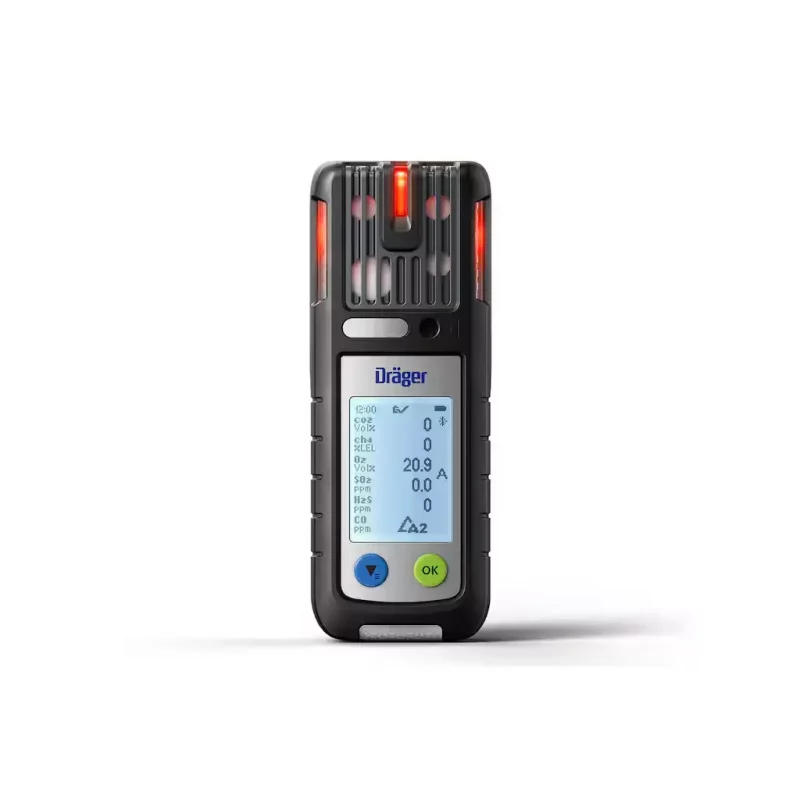Front view of the Dräger X-am® 5800 Multi-Gas Detector with red warning light illuminated, showing its display and sensors for industrial gas monitoring.
