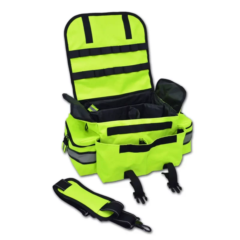 Fluorescent yellow Lightning X LXMB20 small EMT first responder bag open with detached strap in front, showing organized compartments for quick access to medical supplies.