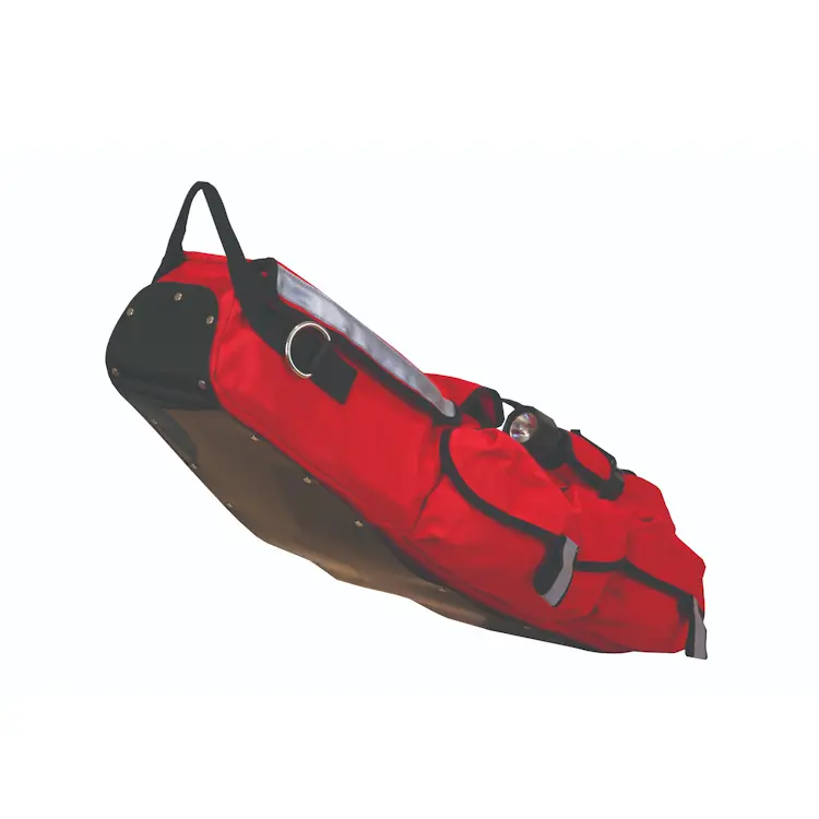 Back angled underside view of True North Gear L-2 RIT Bag showing reinforced skid plate, padded back panel, reflective tape, and durable fabric construction.