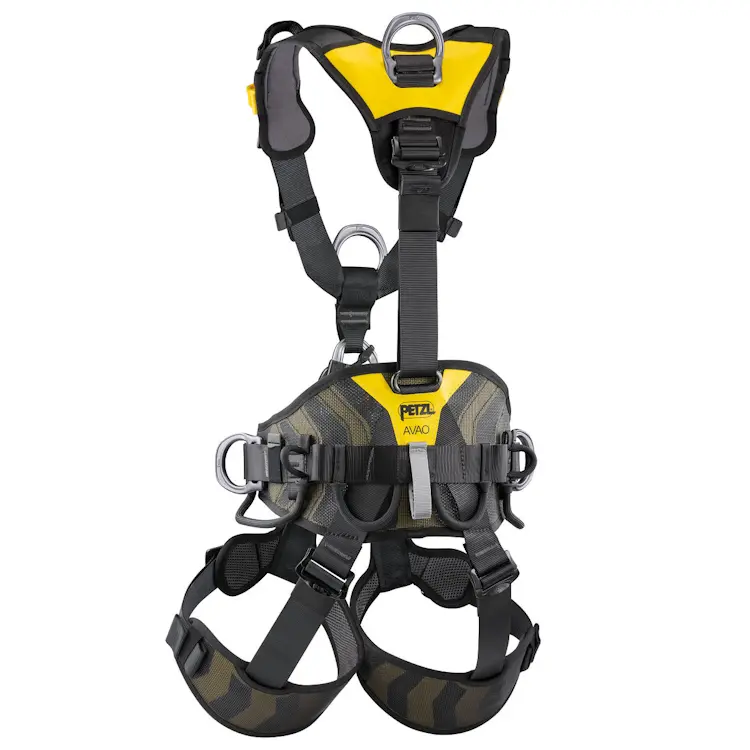 Petzl® AVAO® BOD Harness International Version shown front view with padded waistbelt and adjustable leg loops, designed for comfort and safety in industrial rope access and fall protection.