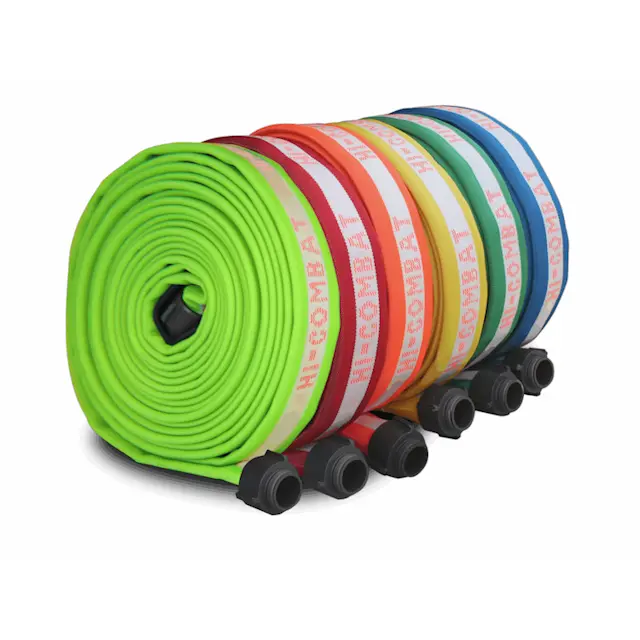 BullDog™ Hi-Combat® Firefighting Hoses in various colors rolled and standing upright side by side, ready for rapid deployment.