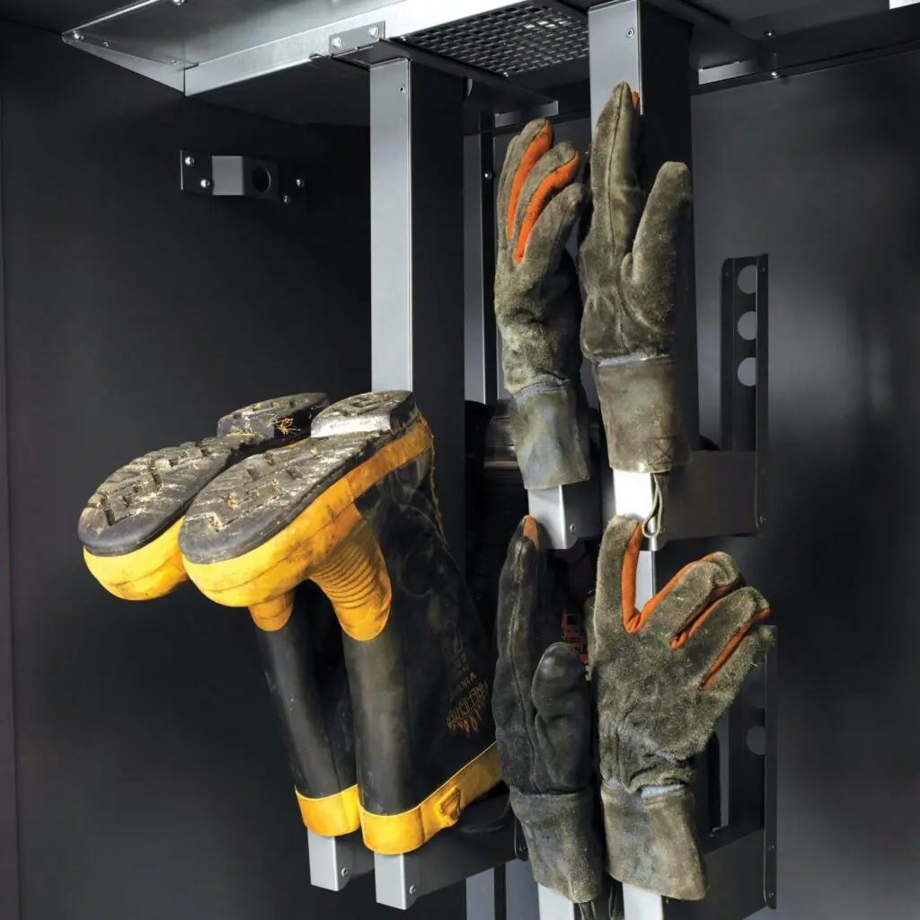 Ready Rack™ Air Flow Boot Hanger for Smart-Dry 6 in use, holding firefighter boots and gloves securely while promoting airflow for faster drying and odor control.