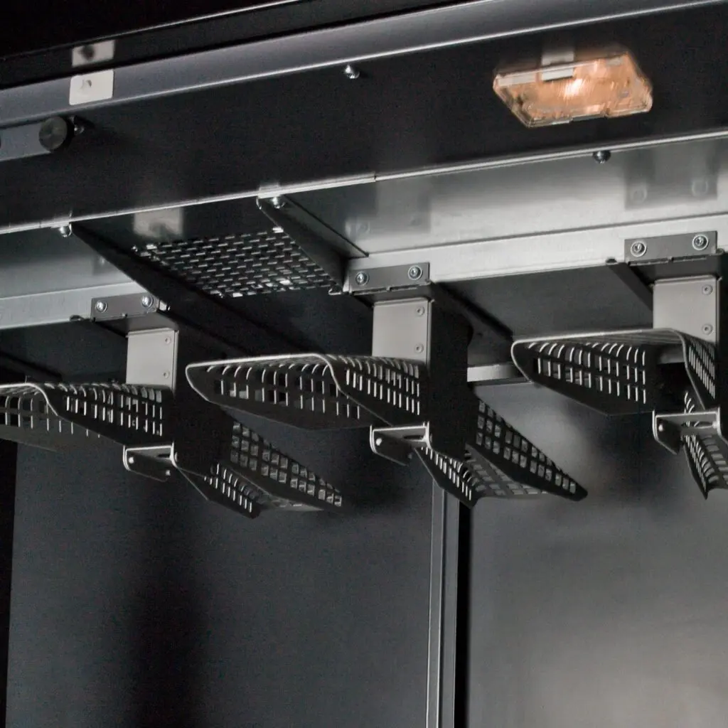 Multiple Ready Rack™ Air Flow Coat Hangers for Smart-Dry 6 attached to a metal shelf, showcasing durable construction and airflow design for efficient drying and organization.