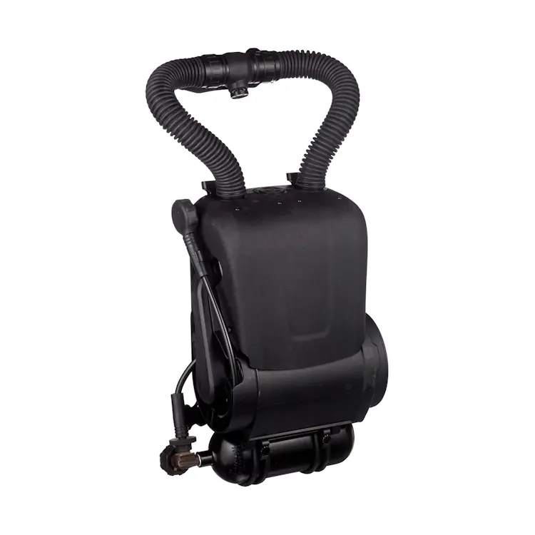 Front view of the Interspiro™ Oxydive OX10 backpack-style oxygen rebreather, showcasing its compact, mission-ready design for stealth and efficiency in professional diving.