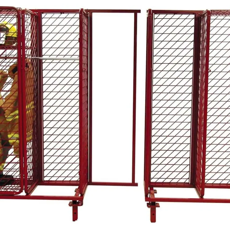 Front view of two Ready Rack™ Freestanding Red Racks separated at the middle by a detached frame connector, illustrating the modular, expandable design for flexible fire gear storage layouts.