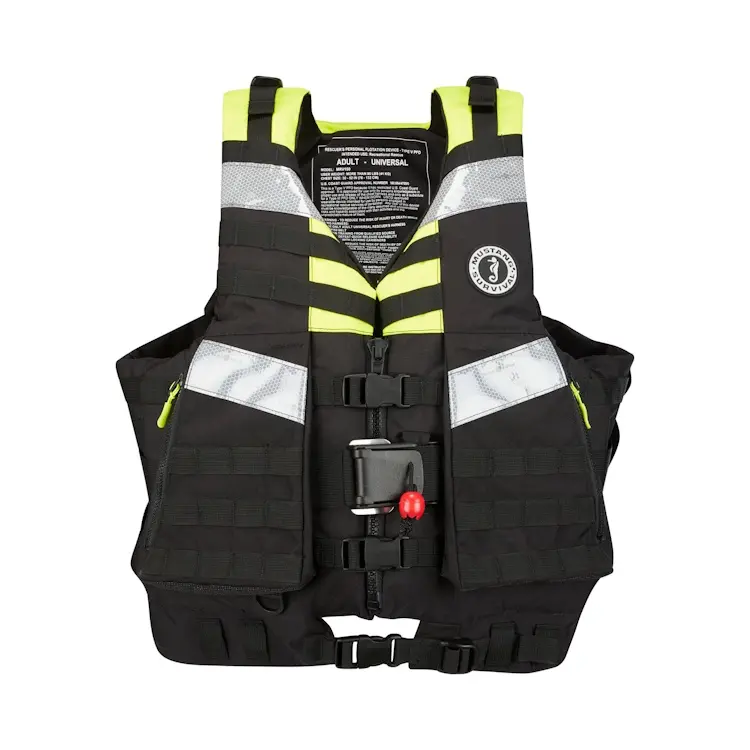 Front view of Mustang Survival® Universal Swift Water Rescue Vest showing adjustable straps, reflective accents, and durable construction for high-visibility swift water operations.
