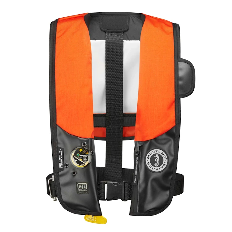 Front view of Mustang Survival® Hit Inflatable PFD for Law Enforcement showing streamlined design, adjustable straps, and low-profile fit suitable for tactical water operations.