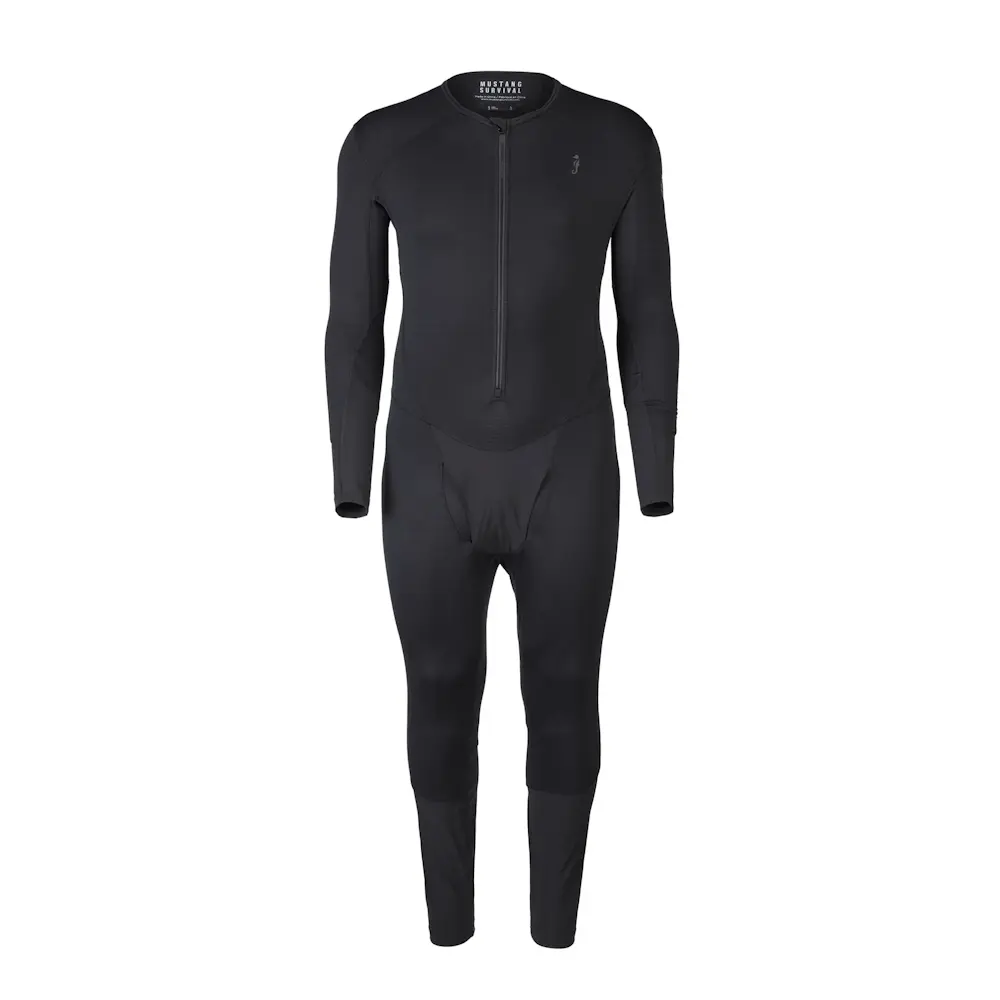 Front view of Mustang Survival® Men’s Kazan Dry Suit Liner showcasing tailored design and lightweight thermal fabric for enhanced comfort and mobility.