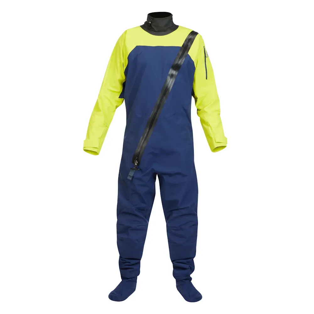 Mustang Survival® Men’s Hudson CCS Dry Suit in Mahi Yellow, front view showing high-visibility waterproof fabric, front zipper, and ergonomic fit designed for marine protection.