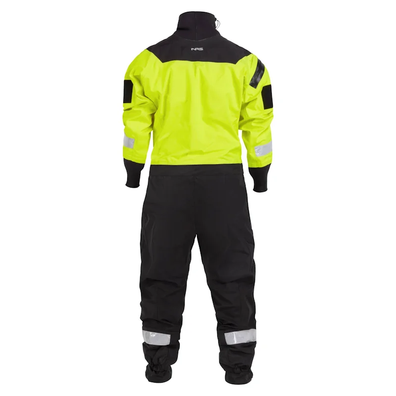 Back view of the NRS Ascent SAR Dry Suit in safety yellow, highlighting reinforced knee panels, sealed seams, and reflective safety markings.
