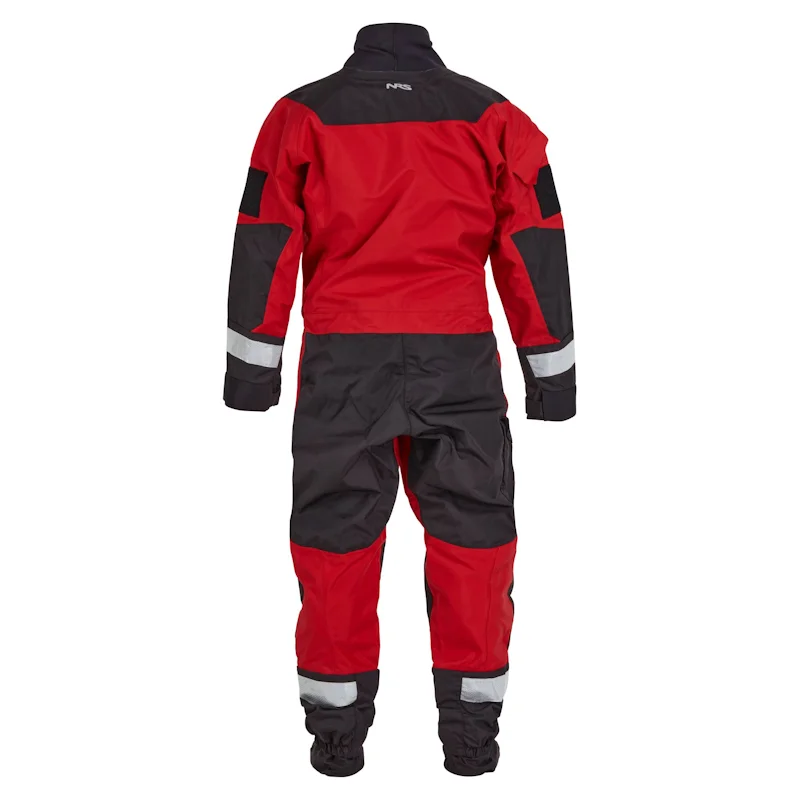 Back view of the NRS Ascent SAR Dry Suit in red, highlighting reinforced knee panels, sealed seams, and reflective safety accents.
