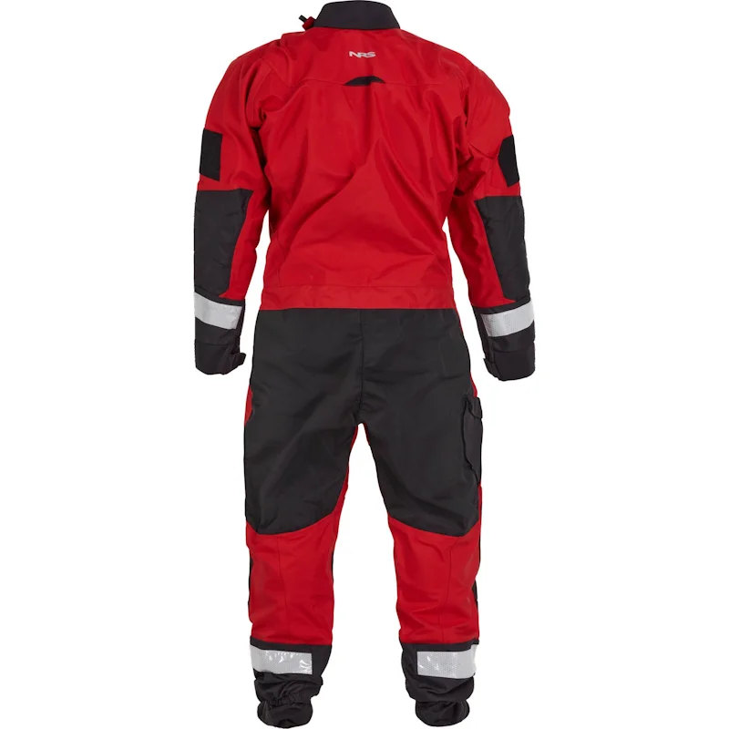 Back view of the NRS Extreme SAR Dry Suit in red, highlighting the reinforced seat and knees, reflective accents, and sealed seams.