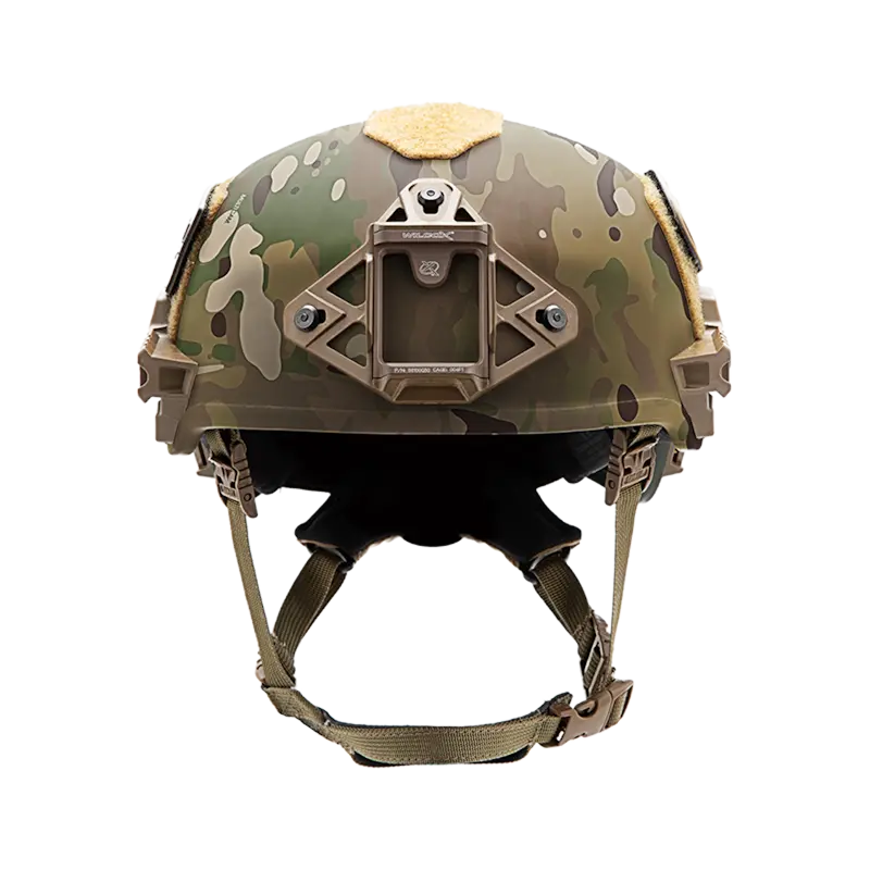 Front view of the Team Wendy® EXFIL® Ballistic SL Helmet in Multicam®, highlighting the vented design, front shroud, and camouflage finish for operational readiness.
