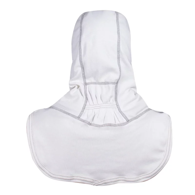 Back view of Majestic Safety HALO NB Particulate Hood showing full neck and upper shoulder coverage with flame-resistant material for firefighter safety.