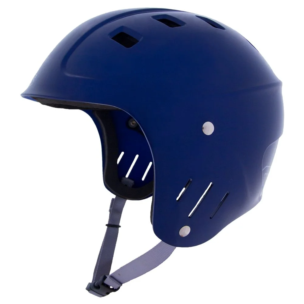 Left side view of the NRS Chaos Full Cut Helmet – Closeout in blue, highlighting full ear protection, a durable ABS shell, and ventilation for comfortable, impact-resistant whitewater safety.
