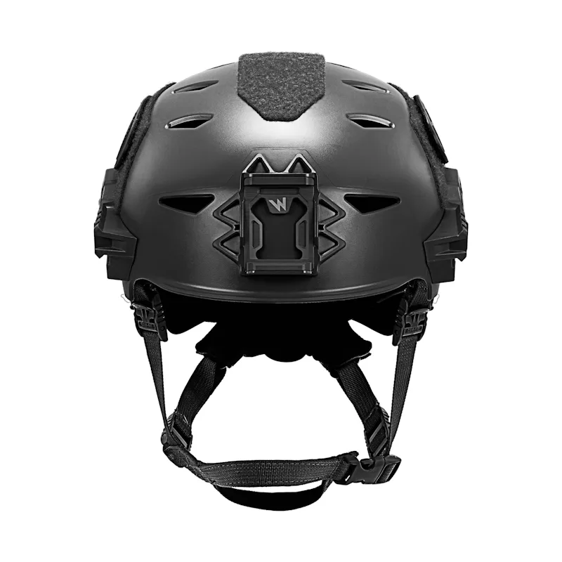Front view of the Team Wendy® EXFIL® LTP Bump Helmet in black, highlighting the symmetrical ventilation slots and secure chin strap system.