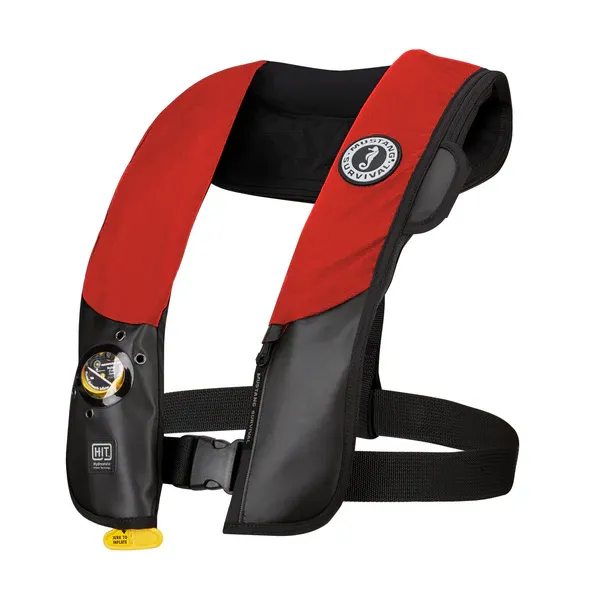 Side front view of Mustang Survival® Hit Hydrostatic Inflatable PFD in red/black variant highlighting ergonomic fit, inflation cylinder placement, and secure strap system.