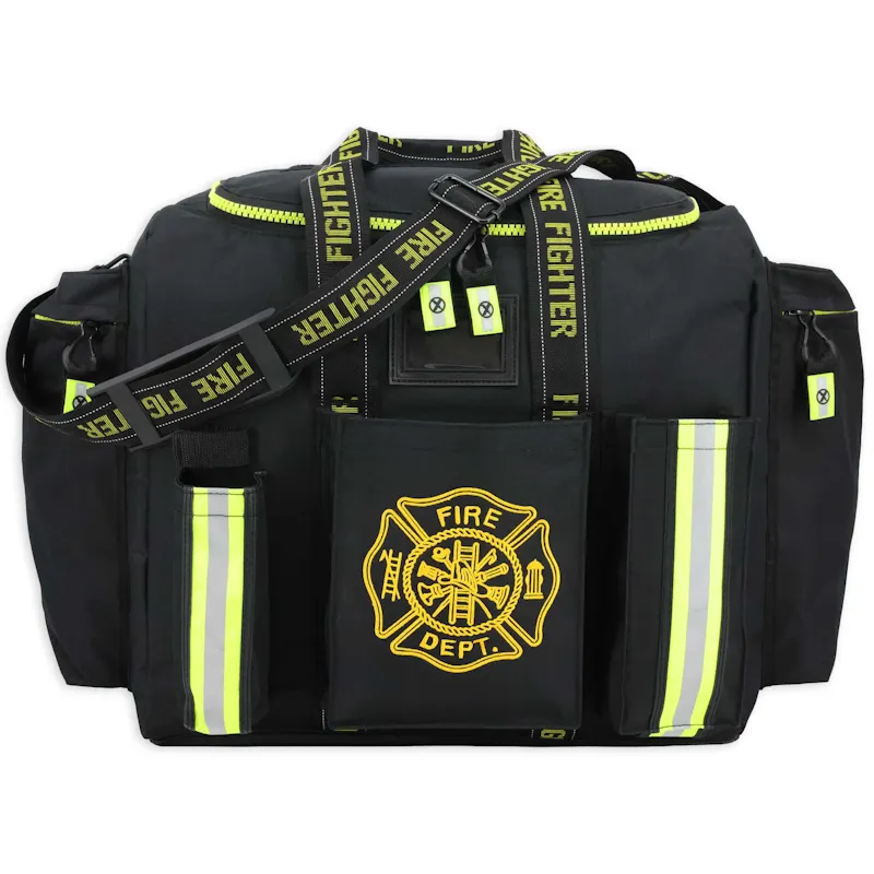 Front view of Lightning X LXFB20 black turnout gear bag with reflective striped pockets, embroidered Fire Dept. Maltese cross, and Fire Fighter webbing straps.