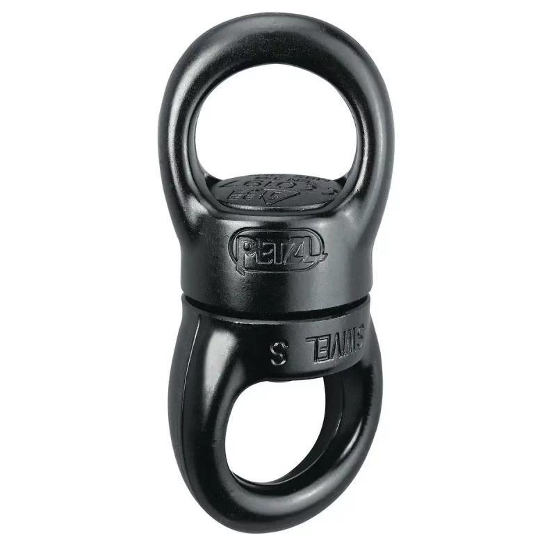 Petzl® SWIVEL Ball Bearing Swivel Anchor in black, designed to prevent rope and lanyard twisting during load rotation in climbing, rescue, and rigging applications.