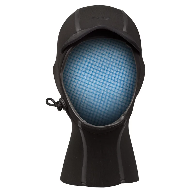 Front view of the NRS Storm Hood, highlighting the contoured design, face opening, and high-coverage neck area for cold water safety.