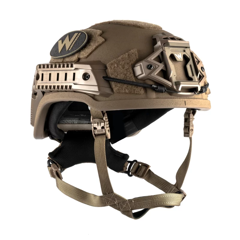 Front right side view of Team Wendy® EPIC™ Specialist Ballistic Helmet in coyote brown highlighting ballistic shell and modular accessory mounts.